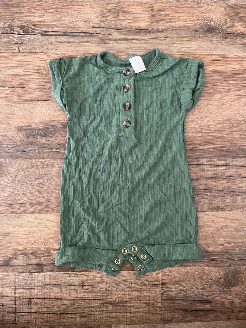 Lou Lou Green Ribbed Baby Romper with Button Front 6-12